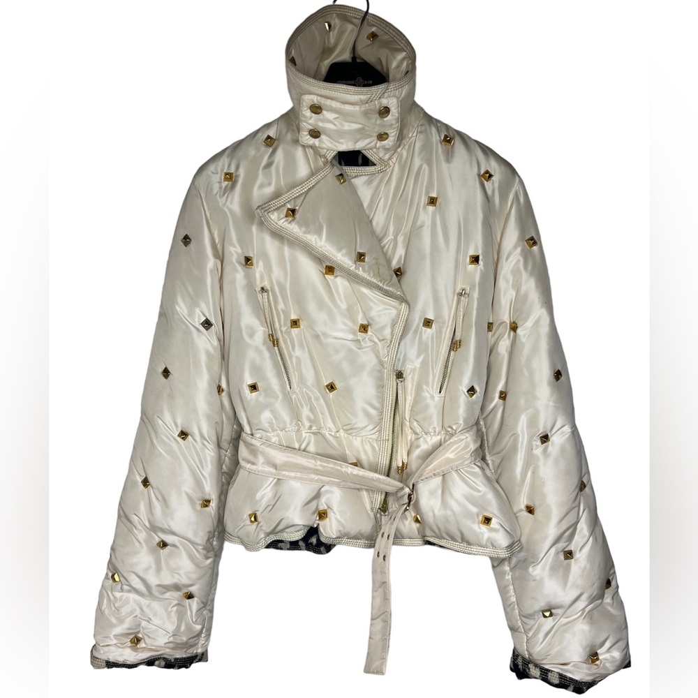 RARE ROBERTO CAVALLI VINTAGE IVORY GOLD STUDDED PUFFER JACKET SIZE L - Picture 3 of 12